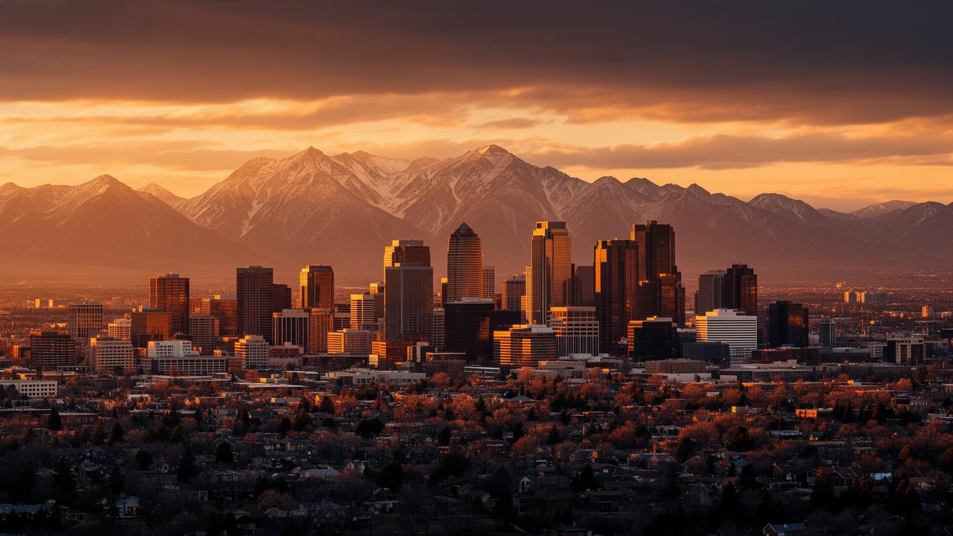 Denver Colorado skyline at sunset with the Rocky Mountains